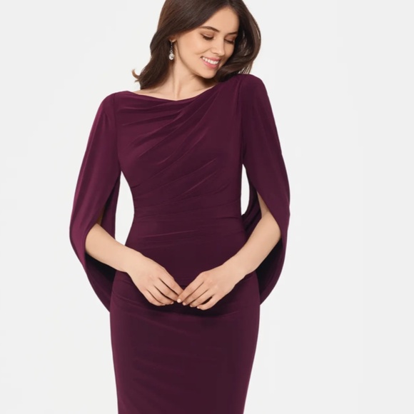 NEW Betsy & Adam BURGUNDY Cape Long Sleeve RUCHED Trumpet EVENING GOWN 10 - Picture 11 of 12